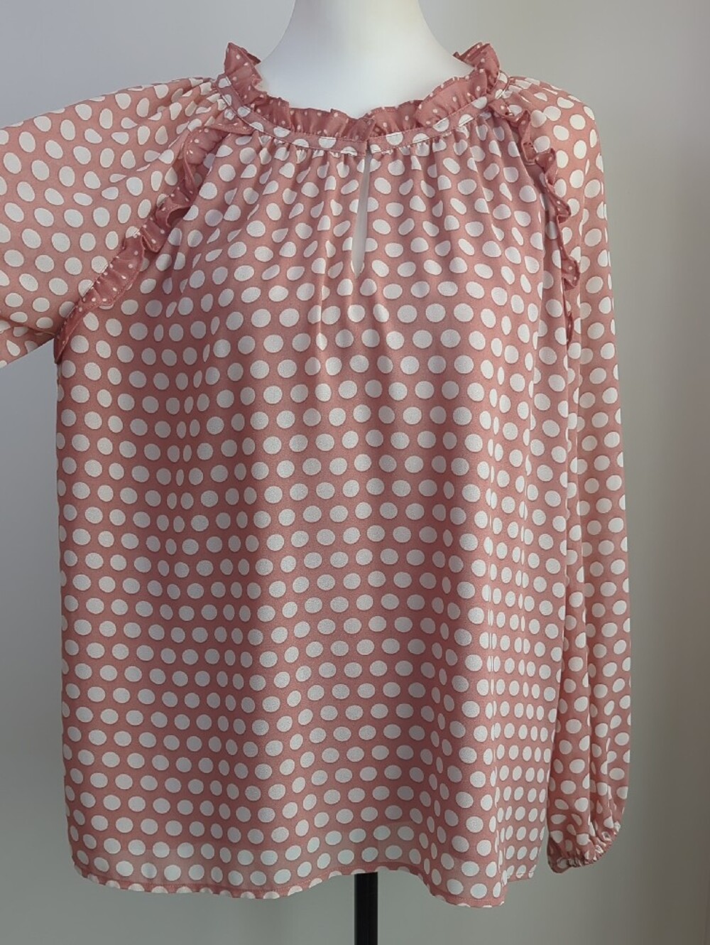 NWOT Rose + Olive Mauve Polka Dot Chiffon Ruffle Peasant Long-Sleeve Blouse